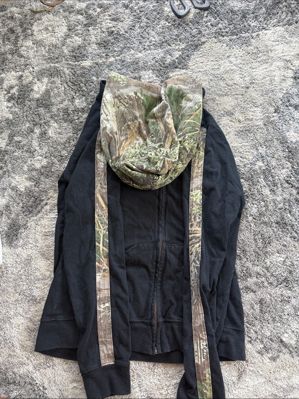 Women’s Black Hoodie Jacket with Camouflage Hood and Accents